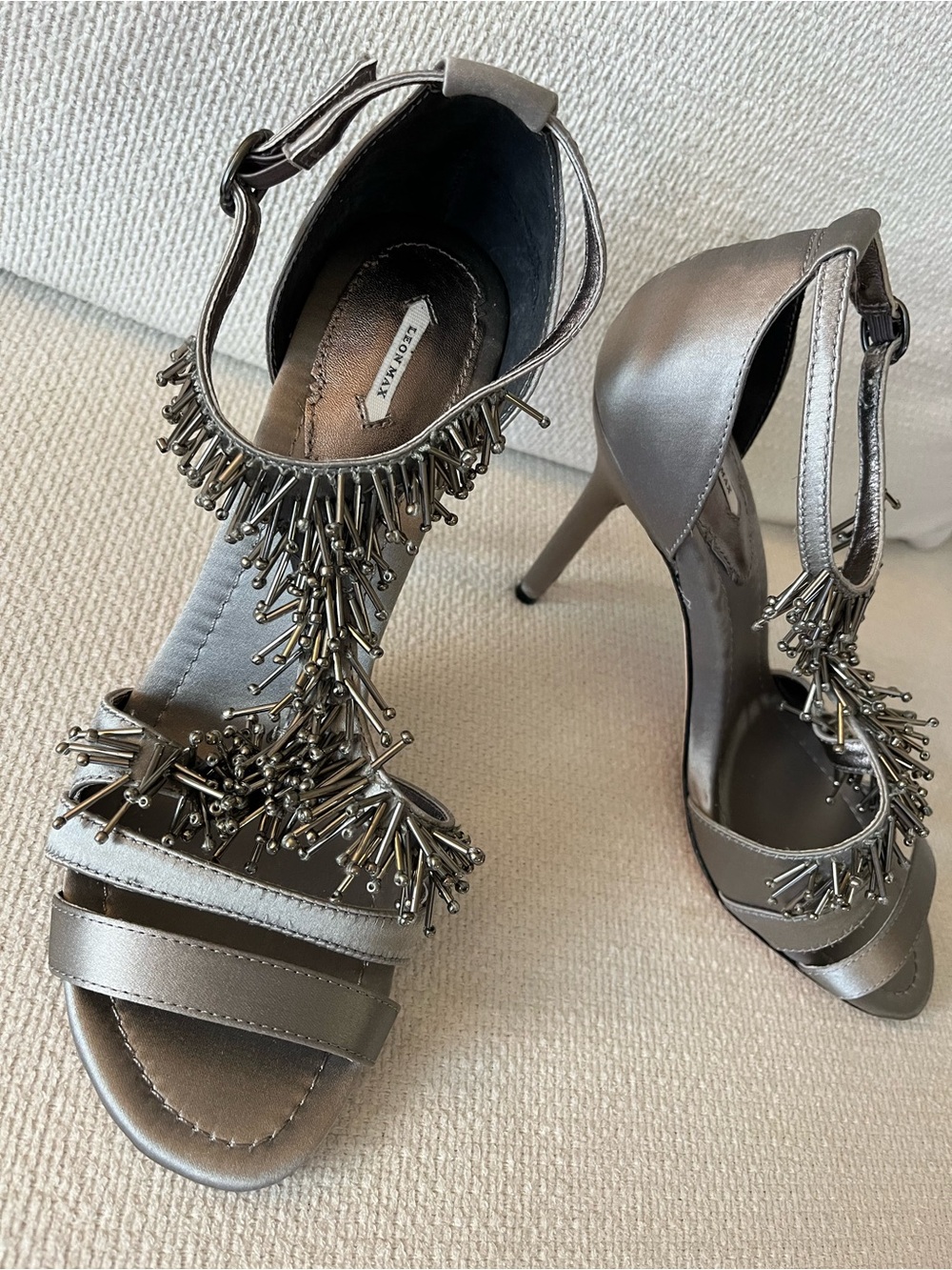 Leon Max Women's Metallic Gray Beaded High Heel Sandals
